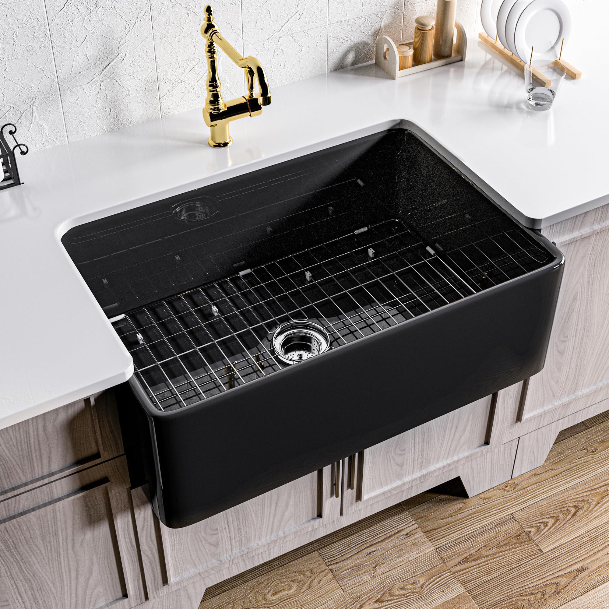 Miuara Black Farmhouse Sink 30 Inch x 20 Inch Fireclay Apron Front Farmhouse Kitchen Sink Undermount Kitchen Sink Large Deep Single Bowl Farm Sink with Custom Bottom Grid & Farmhouse Sink Strainer - Miuara LLC