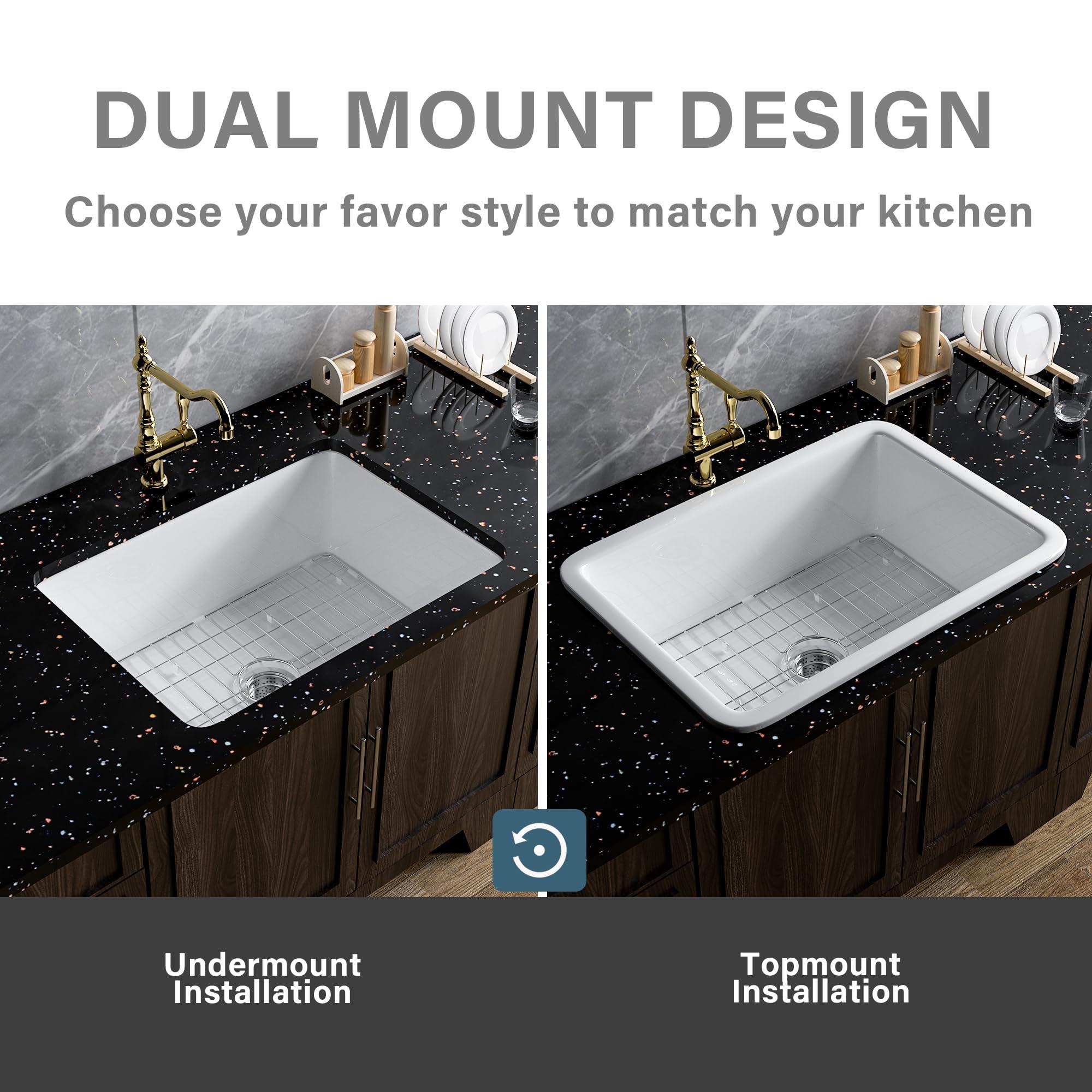 Miuara White Kitchen Sink Drop In 27 x 19 x 10 Inch Fireclay Dual Mount Drop In Kitchen Sink Deep Single Bowl Topmount & Undermount Kitchen Sink with Custom Bottom Grid & Kitchen Sink Strainer - Miuara LLC